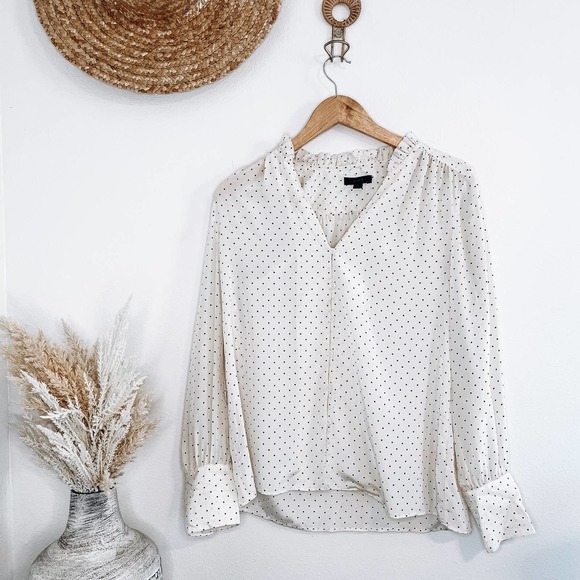 J. Crew 100% Silk Polka Dot Ruffle Long Sleeve Blouse White Black Size Small - Picture 1 of 6